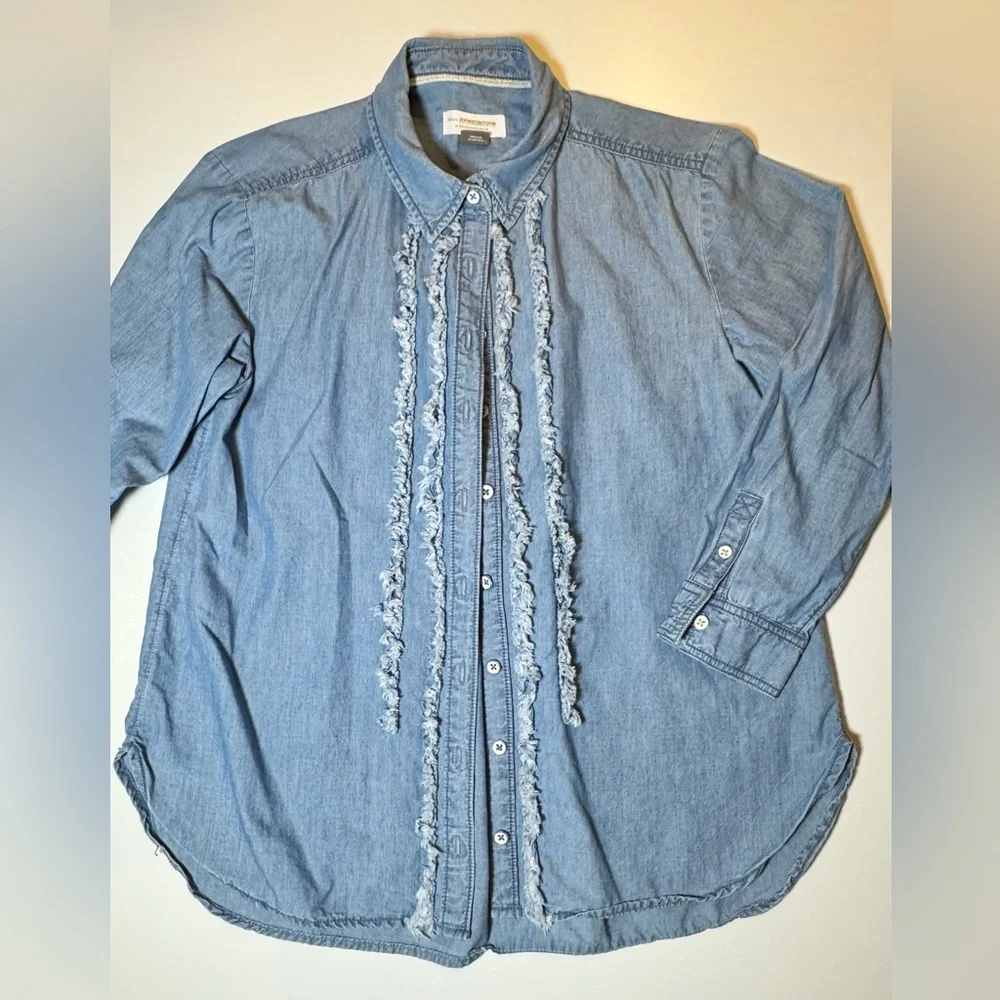 Pilcro by Anthropologie Juni Ruffled Denim Button Down Petite Small 3/4 Sleeve - Picture 4 of 13